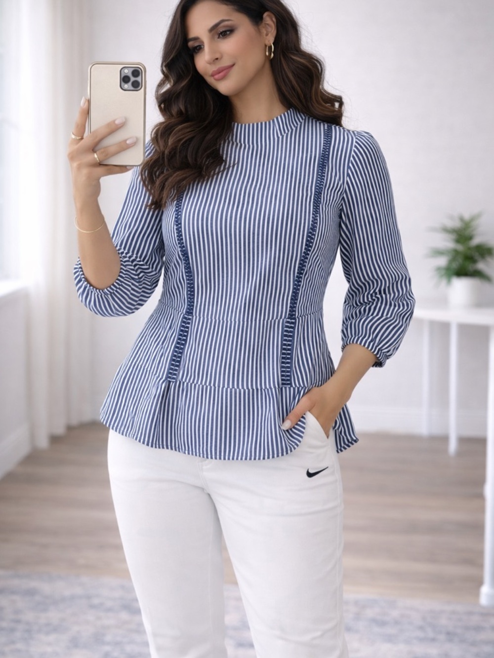 Striped Blue Peplum Blouse - Women's Top
